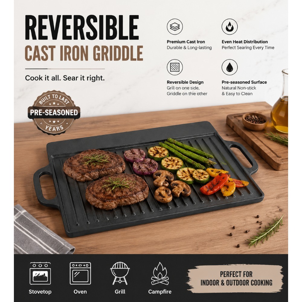 Skillet Cast Iron Camp - Pre-Seasoned Cast Iron Griddle 19.9